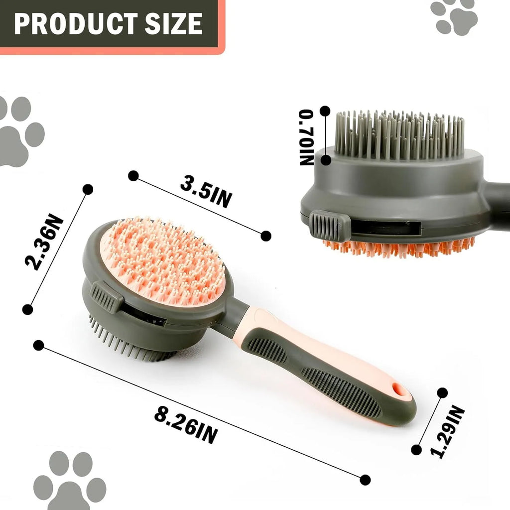 Double-sided pink cat brush with release button and matching flea comb for pet grooming