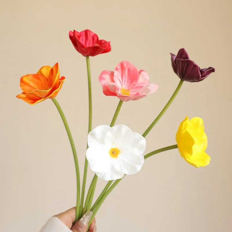 Fifteen artificial poppy flowers in bright red, dark purple, deep pink, orange, white, yellow made from PU material for wedding and home decor