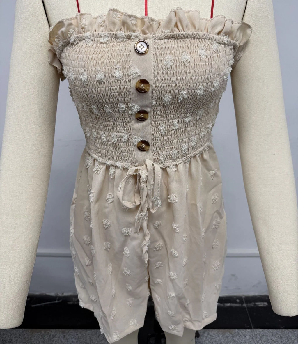 Women's solid colour off-shoulder jumpsuit with button front detail in thin polyester fabric