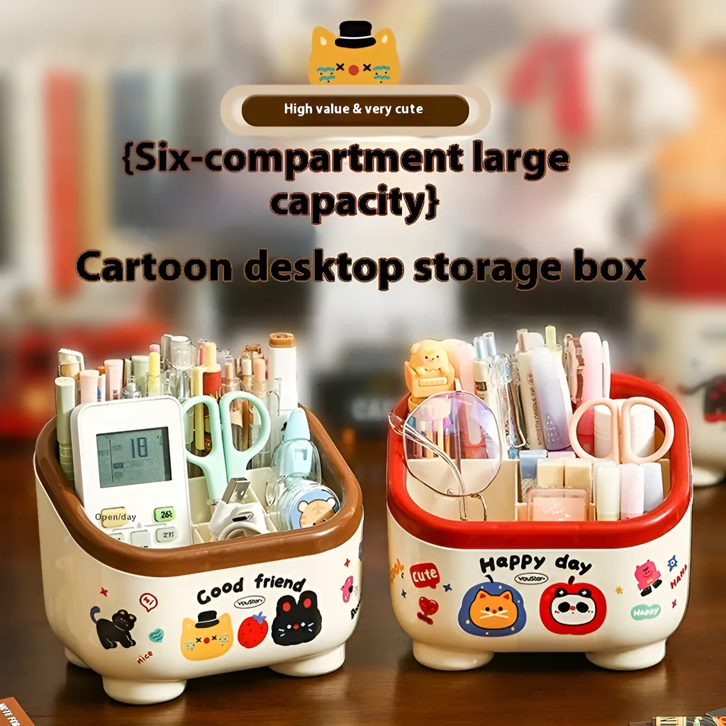 Red and brown cartoon-style desktop organiser with grid compartments for stationery and cosmetics.