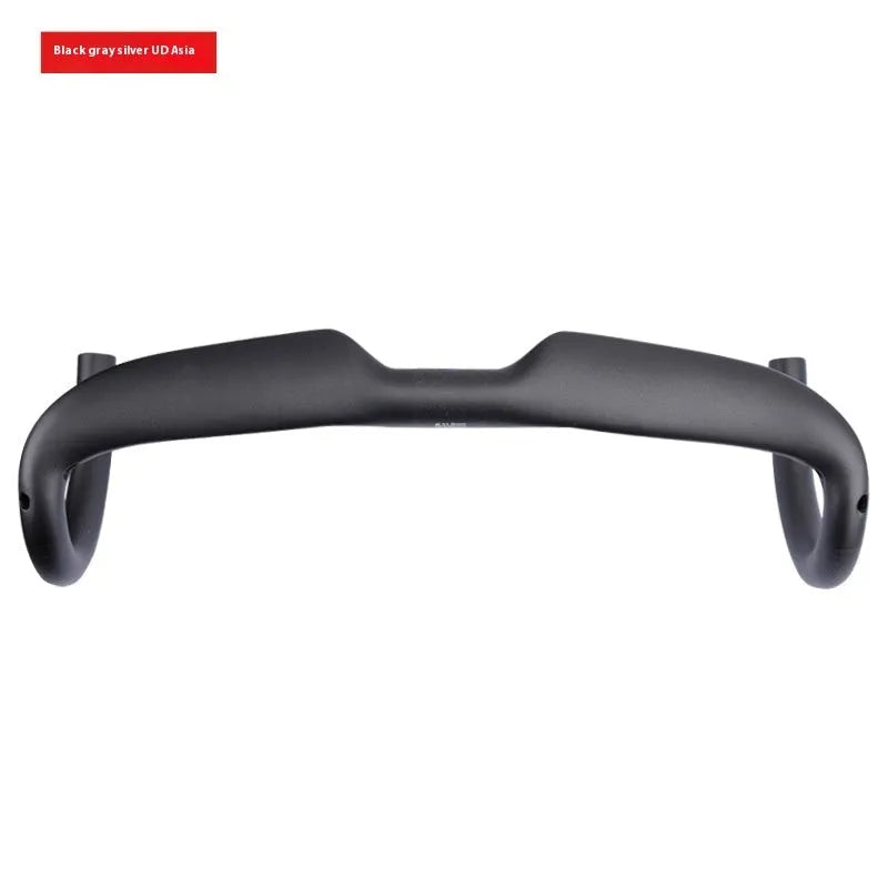 Carbon fibre road bicycle drop handlebar in black grey silver, shown in UD matte and bright finishes