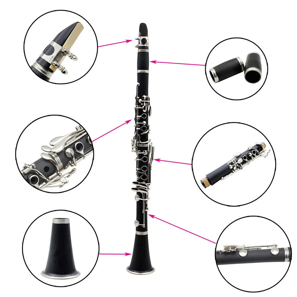 Black Bakelite beginner clarinet with 17 nickel-plated keys and carrying bag