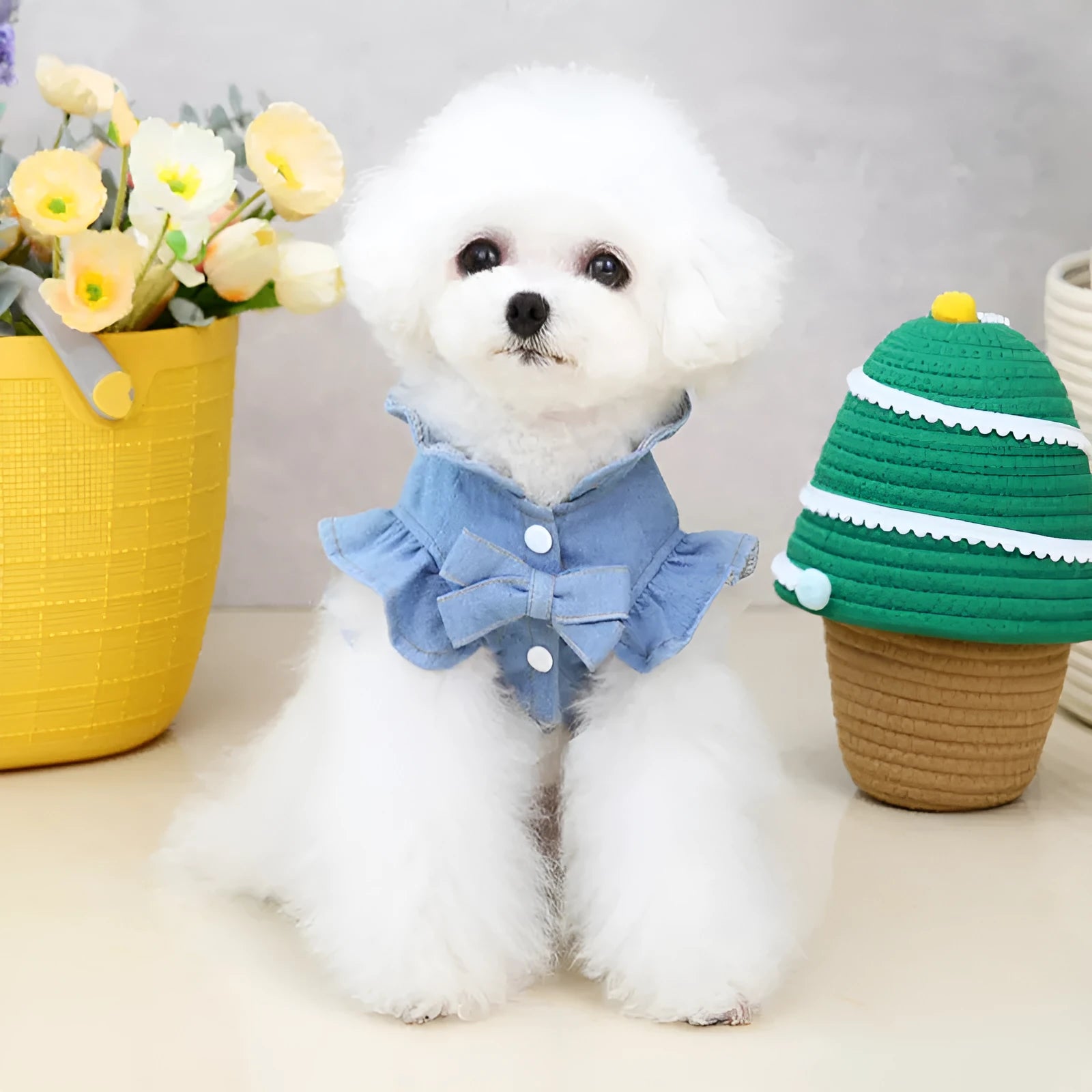 Blue denim dog dress with ruffles and leash attachment points on chest and back