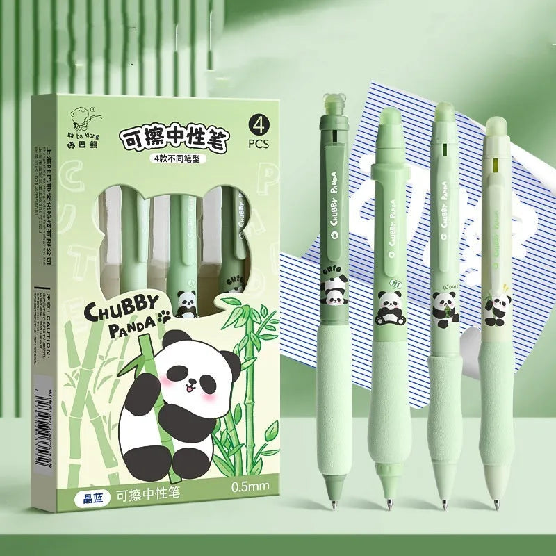 Erasable gel pen with cartoon design and 0.5mm tip in colour options like black and crystal blue.