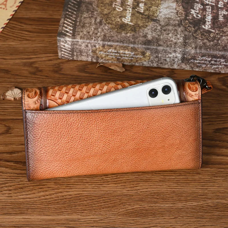 Women's tri-fold leather wallet with Chinese embossed floral pattern in retro brown colour