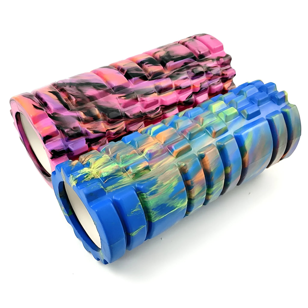 33cm camouflage pattern EVA foam roller in blue, green, and yellow colours.