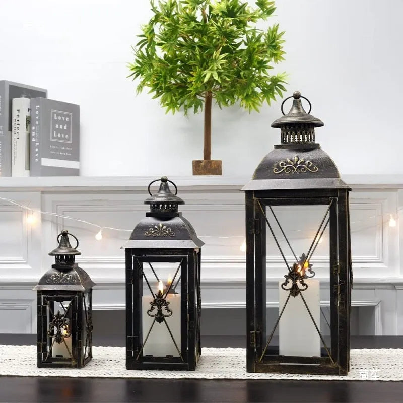 European wrought iron floor-standing storm lantern with tempered glass in black or white gold brush finish