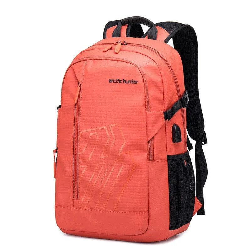 Blue plaid polyester casual backpack with curved shoulder strap, shown from the side.