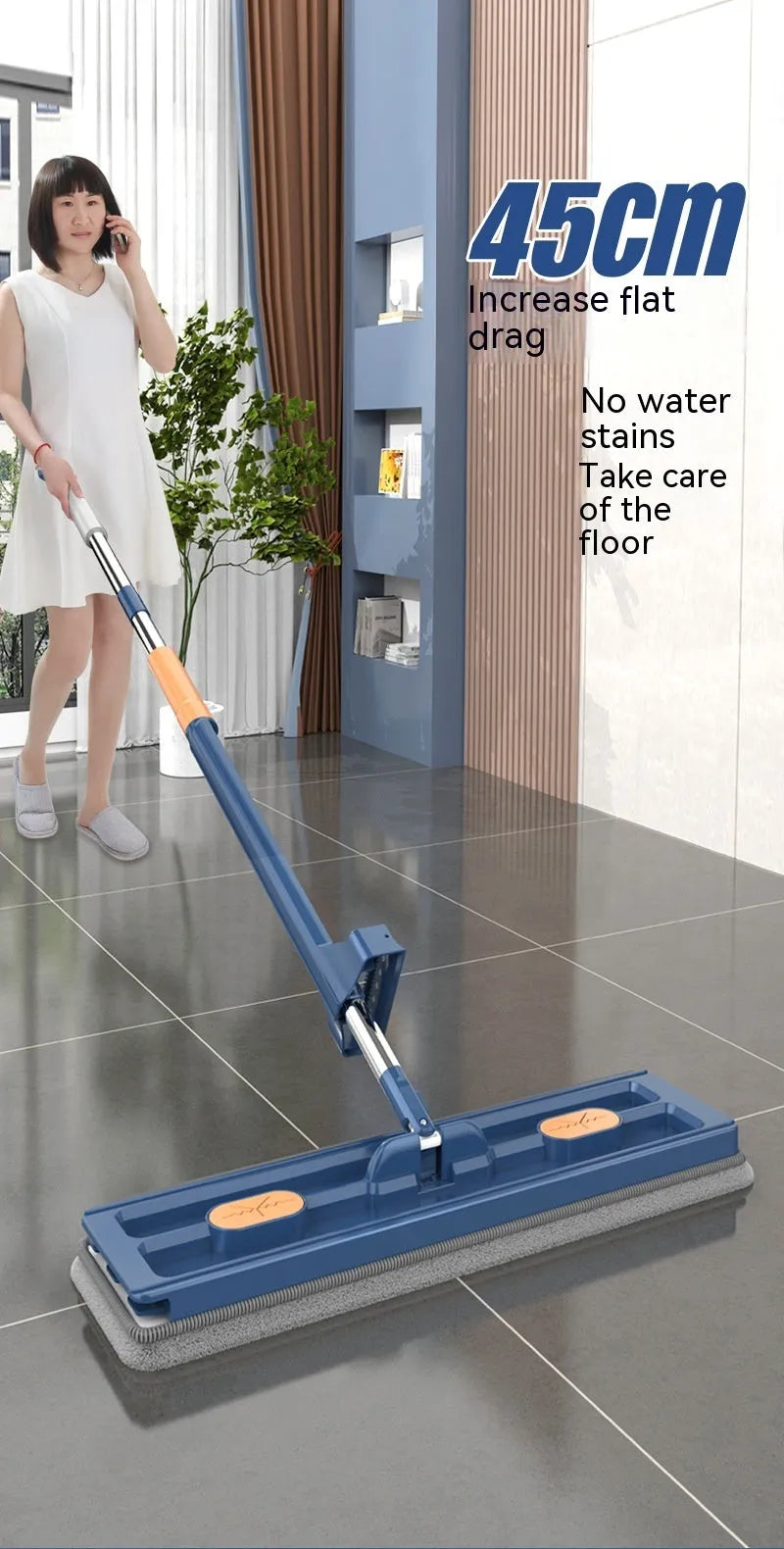 Large flat mop with blue rotating head and stainless steel long handle next to two microfibre cloths