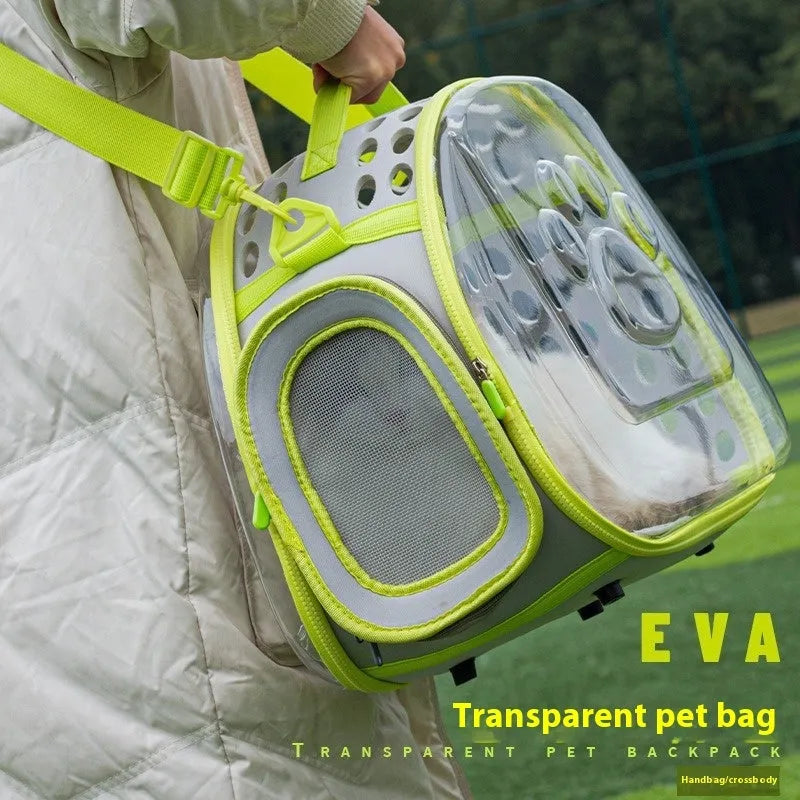 Large transparent cat carrier backpack in hard EVA material showing space capsule design