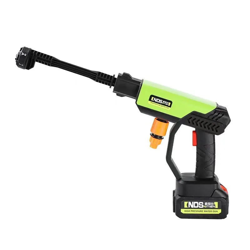 Wireless high-pressure water gun with metal head and plastic body, shown with battery, nozzles, and extension attachments.