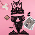 Black women's embroidered mesh bra bikini set showing three-point style