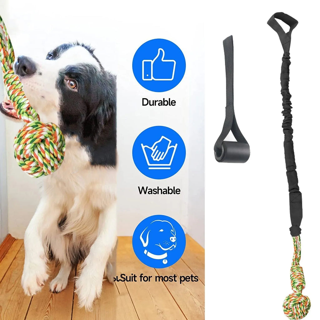 A black, grey, and red cotton rope dog tug toy for chewing and interactive play.