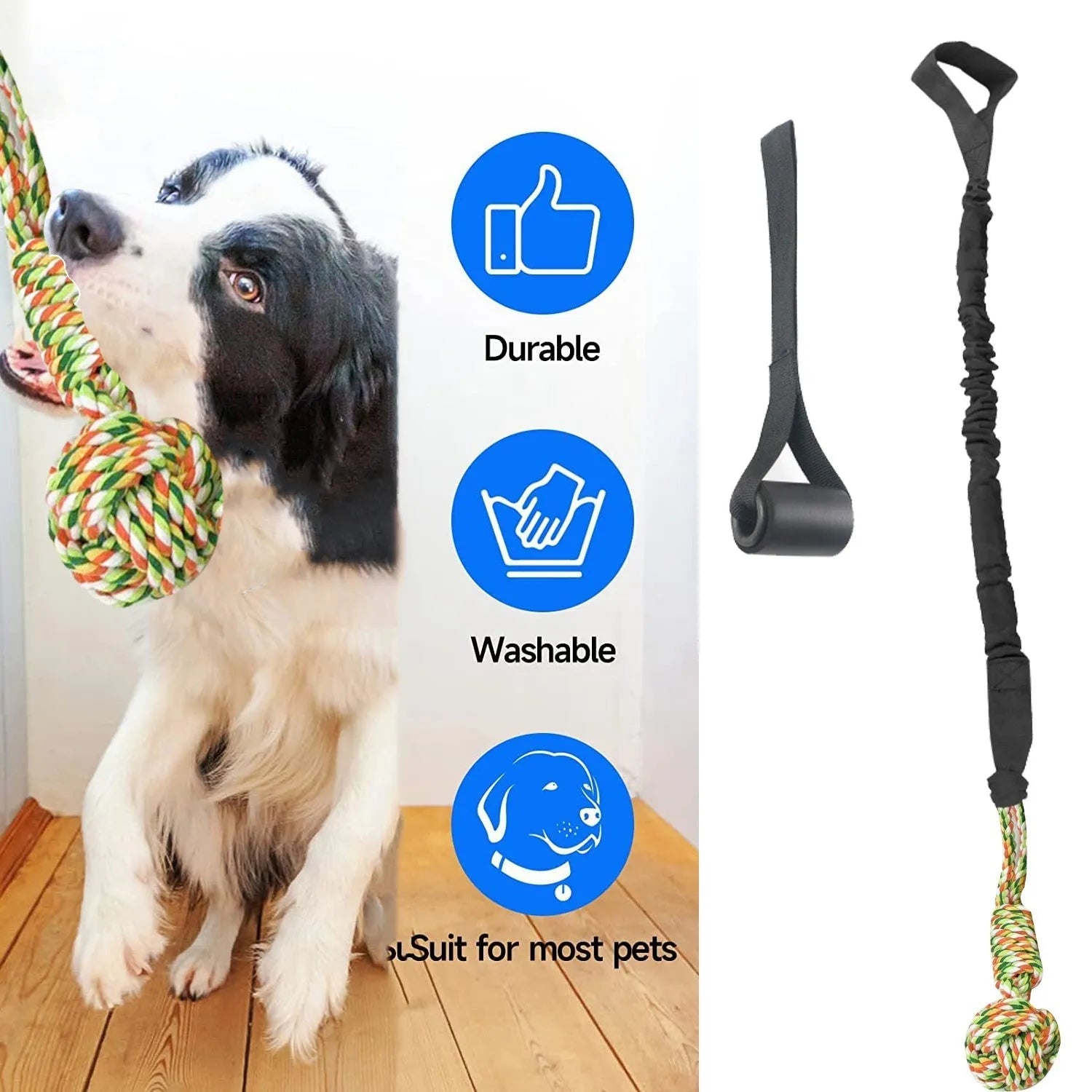 A black, grey, and red cotton rope dog tug toy for chewing and interactive play.