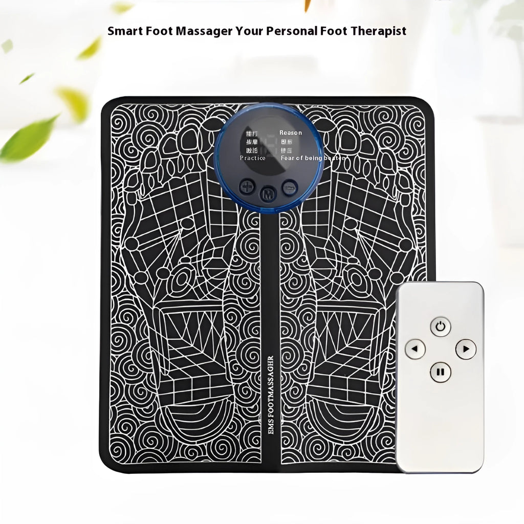 Leather foot massage cushion with wireless remote control and LCD screen on a wooden floor.