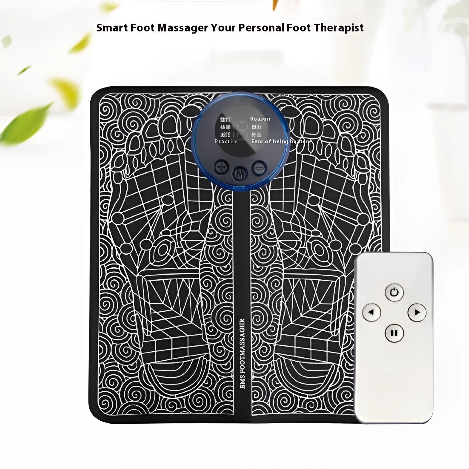 Leather foot massage cushion with wireless remote control and LCD screen on a wooden floor.
