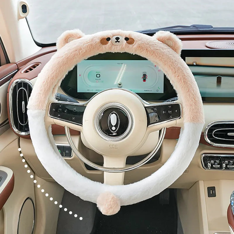 Plush steering wheel cover with embroidered animal design measuring 38cm in diameter