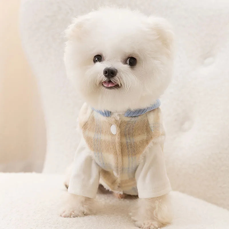 Corduroy chessboard grid hooded traction vest for dogs in blue or yellow with hooded design