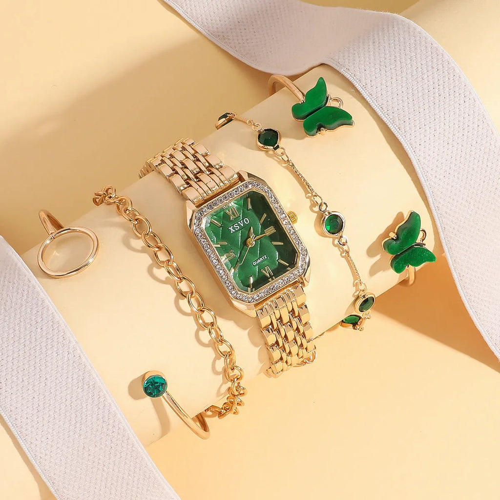 Gold green square watch with four matching bracelets, 25mm dial, jewellery buckle
