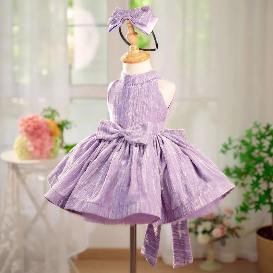 Girls' dream purple velvet princess dress with full skirt, polyester fabric, available in sizes 80cm to 160cm