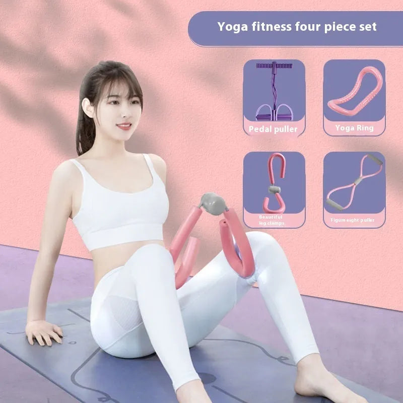Yoga four piece fitness set showing leg stretcher, foot pedal, yoga ring, and figure eight tension rope