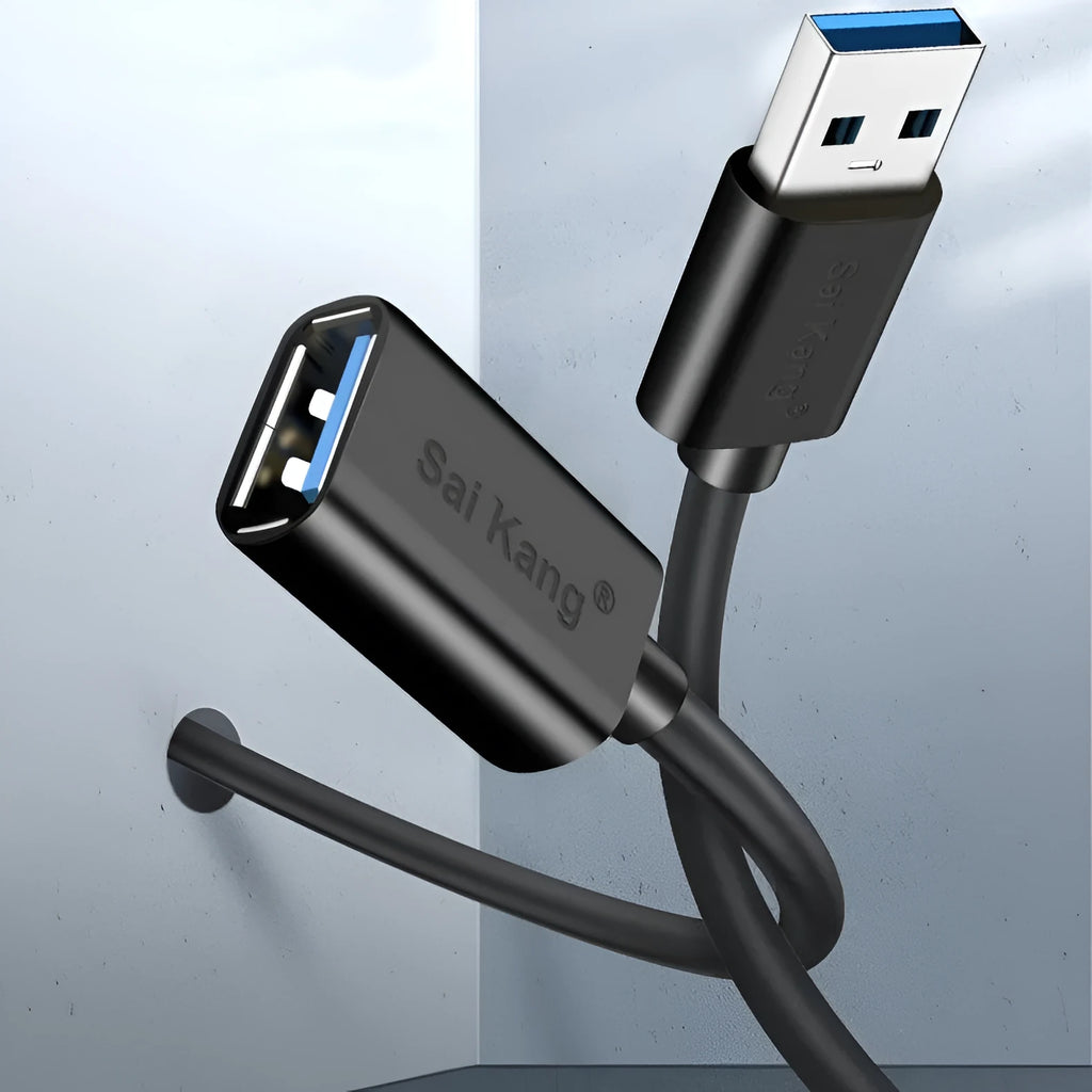 Black USB male to female extension cable showing connectors, available in multiple lengths from 1 to 5 metres.