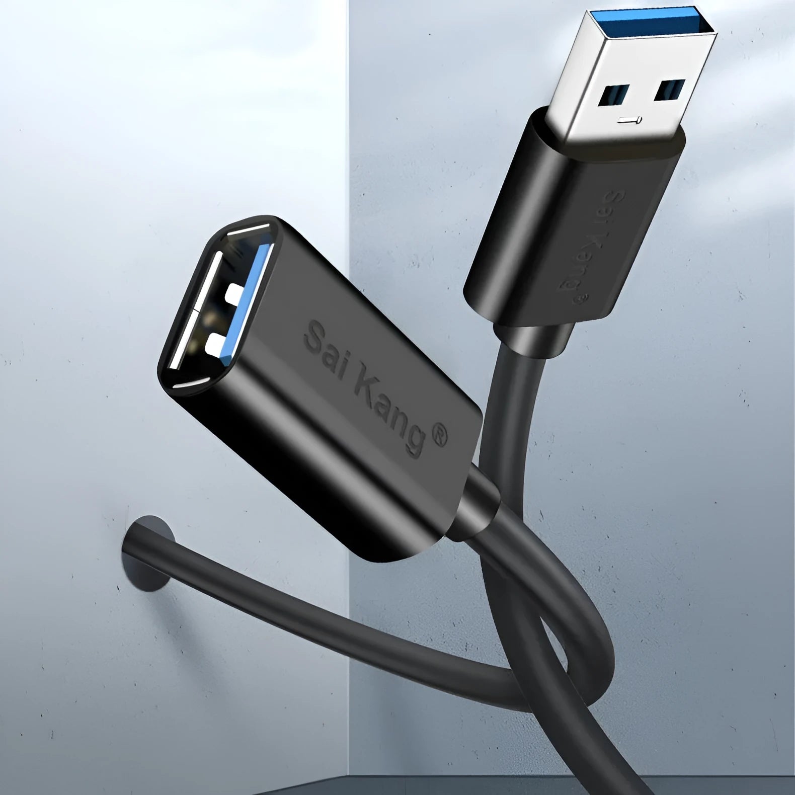 Black USB male to female extension cable showing connectors, available in multiple lengths from 1 to 5 metres.