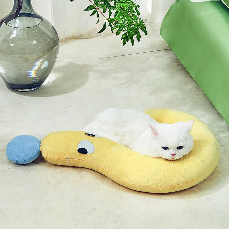 Blue and yellow rectangular pet cushion measuring 62cm by 39cm for cats and dogs