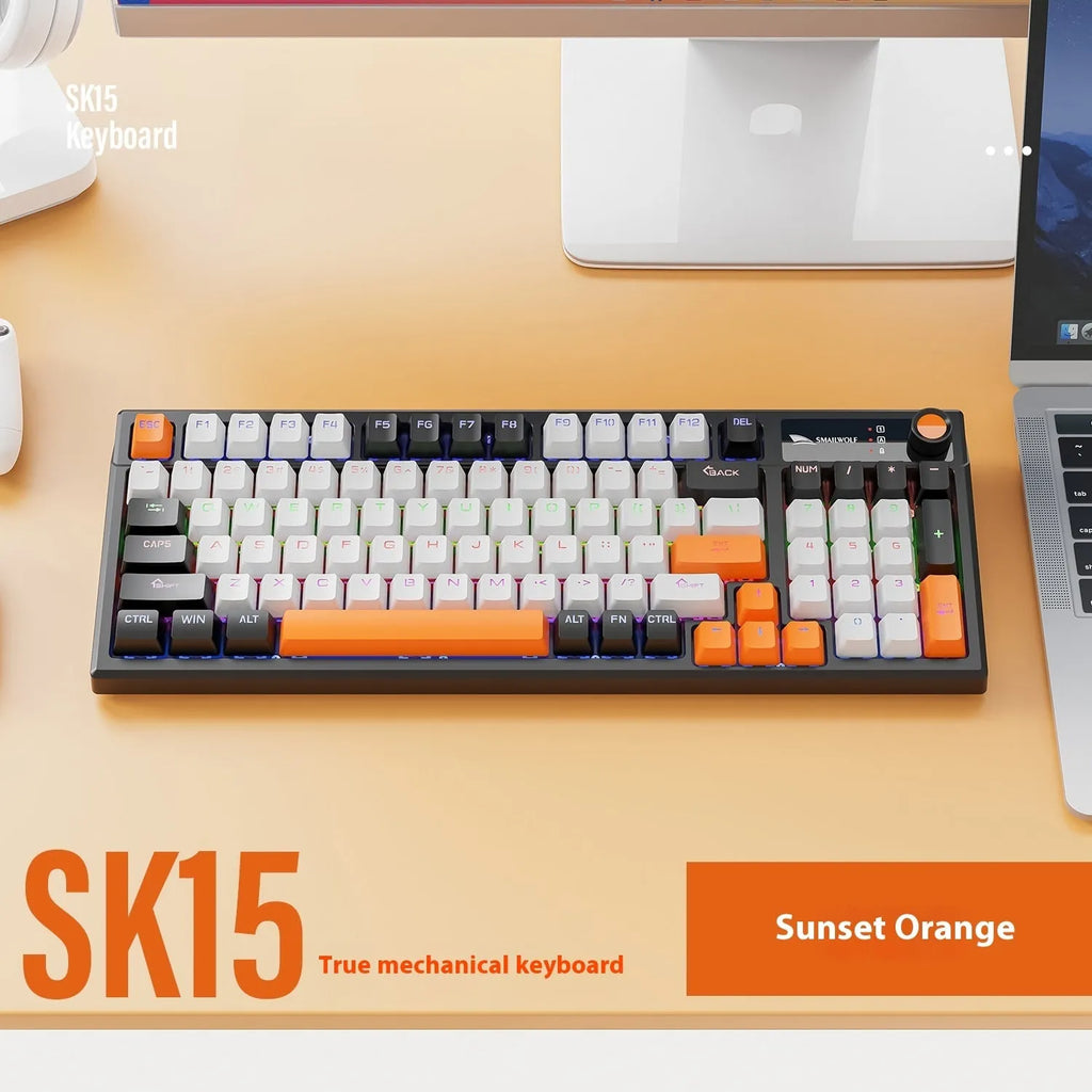 SK15 wired mechanical keyboard with light green switches for laptop connectivity in black, sunset orange, or autumn water blue