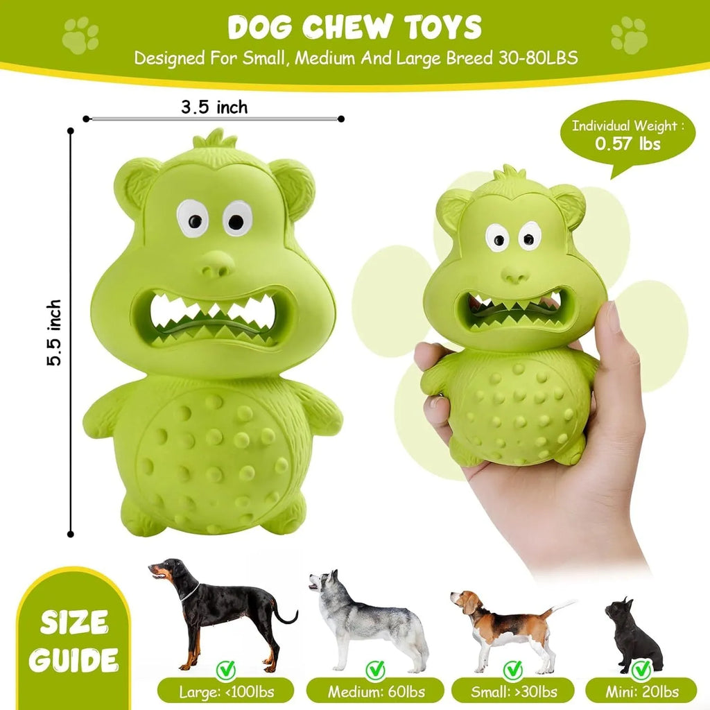 Green and yellow natural rubber squeaky dog toy for aggressive chewers