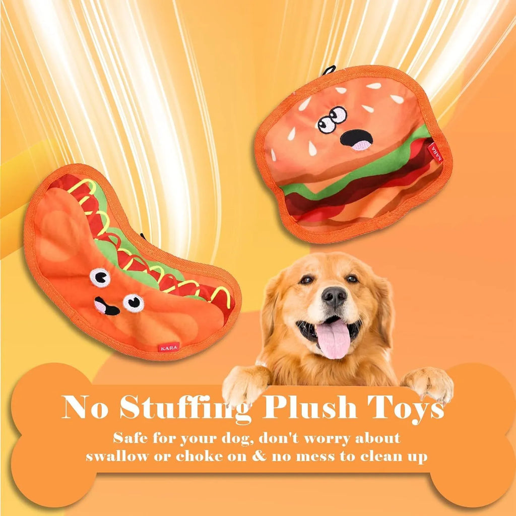 Colourful hamburger, fries, hot dog, and pizza shaped crinkle and squeaky dog toys