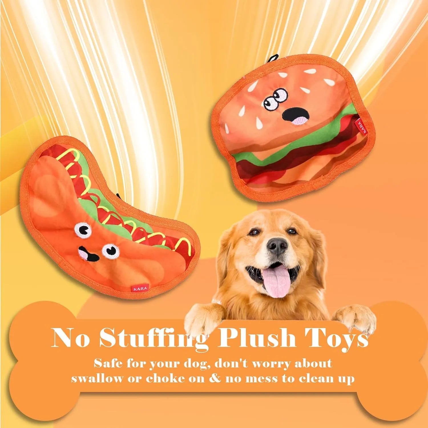 Colourful hamburger, fries, hot dog, and pizza shaped crinkle and squeaky dog toys