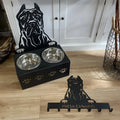 Personalised dog bowl holder with custom name, stainless steel bowl, and iron dog head decoration