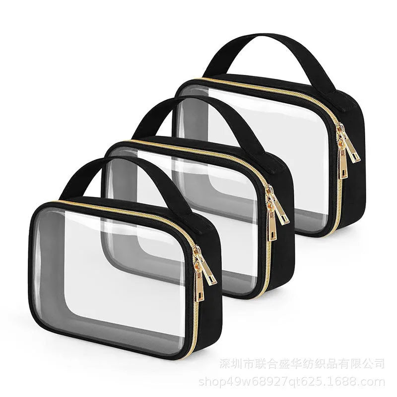 Transparent PVC cosmetic wash bag with chain handle showing interior contents