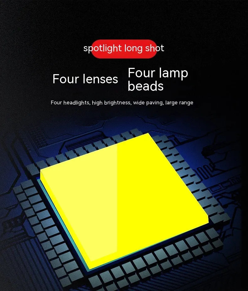 Four-eye vehicle headlight spotlight with aluminium mounting base in white or yellow light options