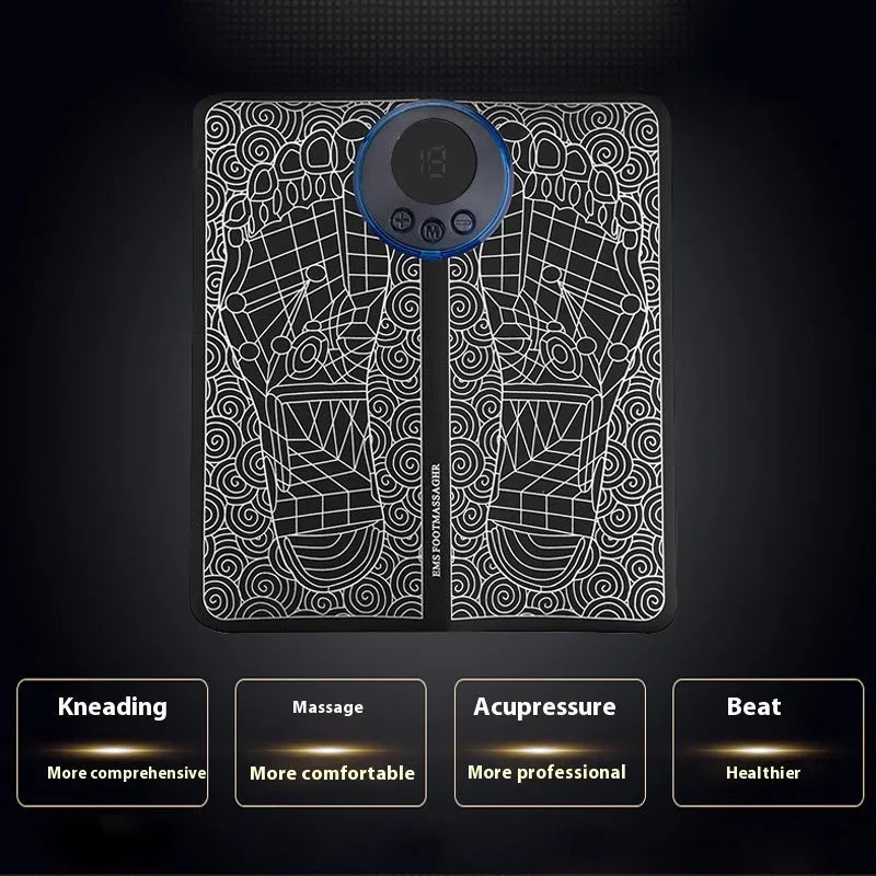 Leather foot massage cushion with wireless remote control and LCD screen on a wooden floor.