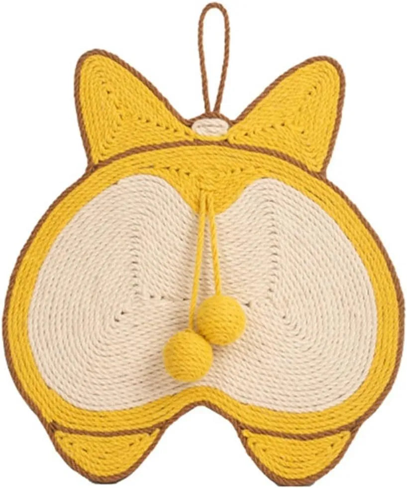 Yellow cat scratching board with Corgi designs measuring 37x40cm with sisal surface