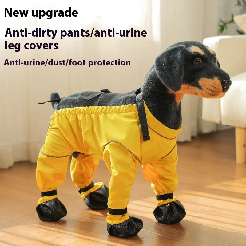 Pet anti-dirty pants in yellow, dog outing shoe cover, casual polyester pet clothing for small to large dogs