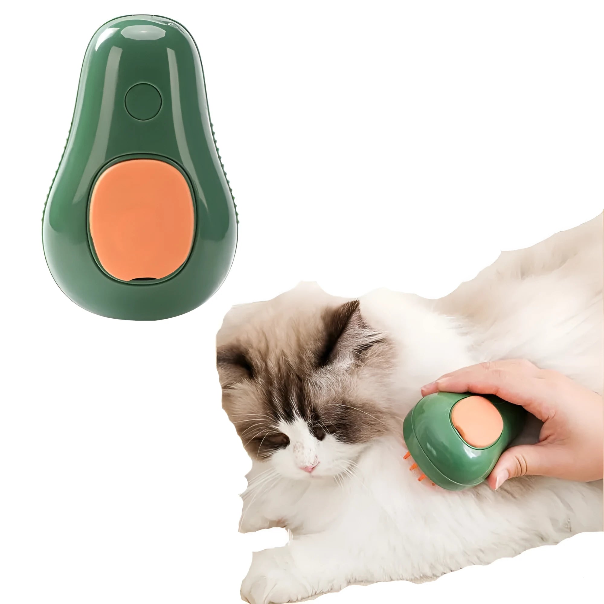 Green and white cat steam brush with silicone bristles showing water tank and compact 11cm design