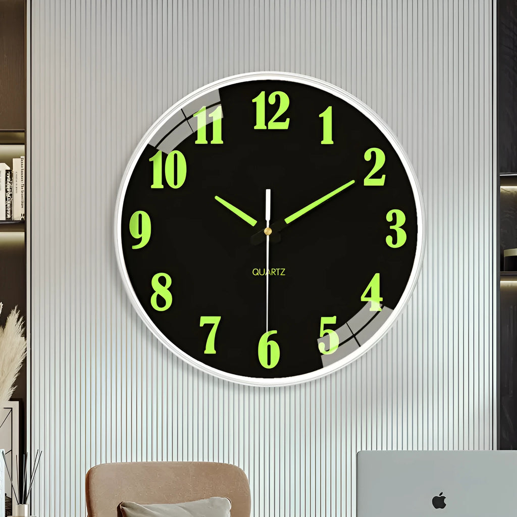 8 inch diameter luminous wall clock with modern plastic design in three colour options for living room or office