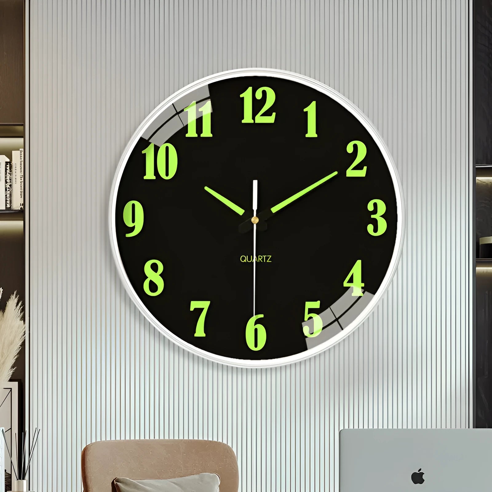8 inch diameter luminous wall clock with modern plastic design in three colour options for living room or office