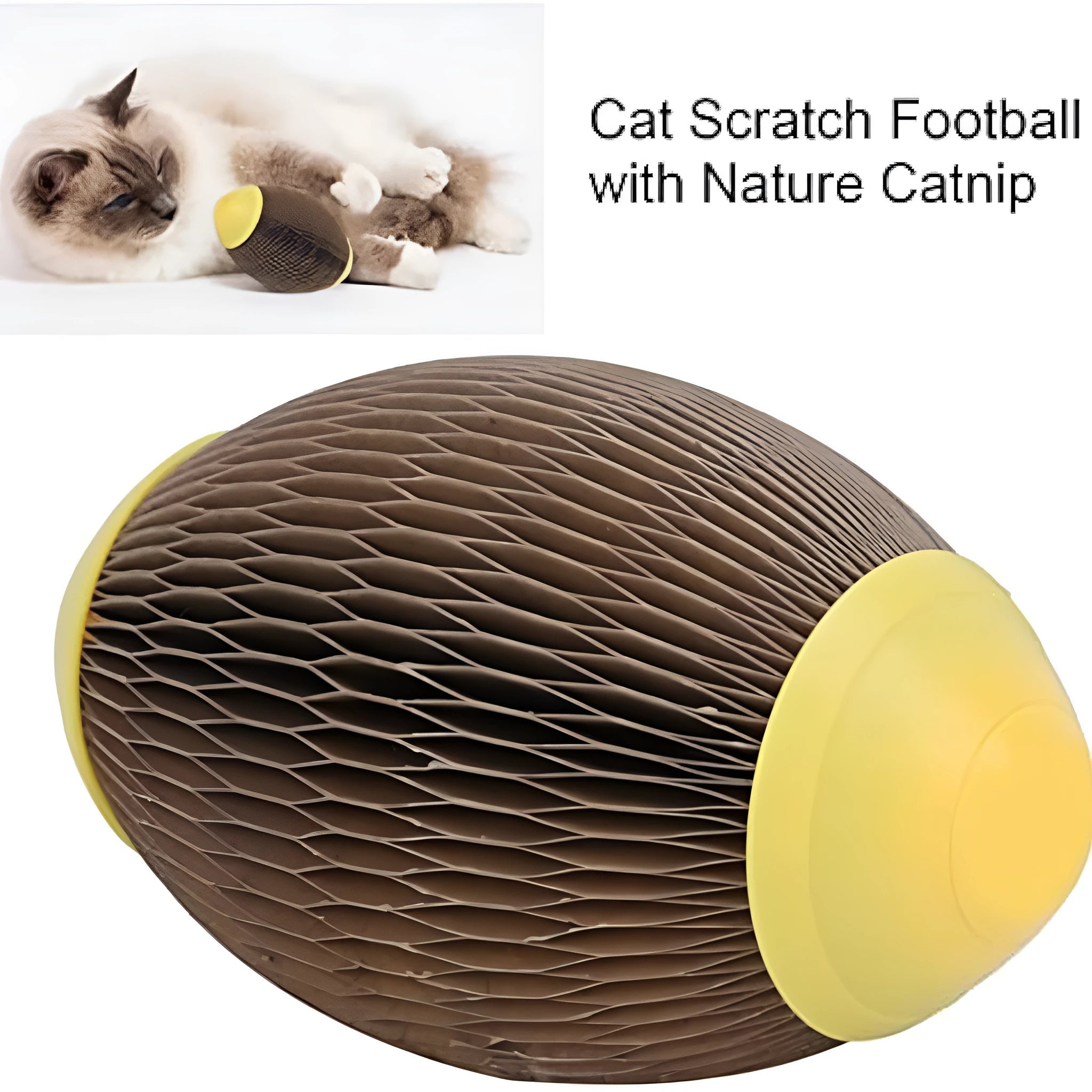 Elliptical corrugated paper catnip scratch ball toy on a plain surface.