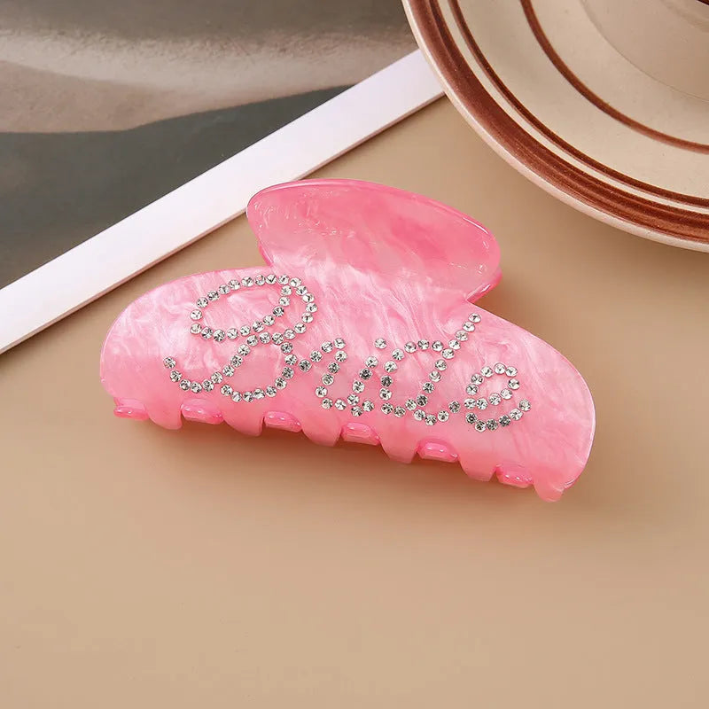 10cm pink acrylic barrette hair clip with multi-diamond shower shark design and English letters