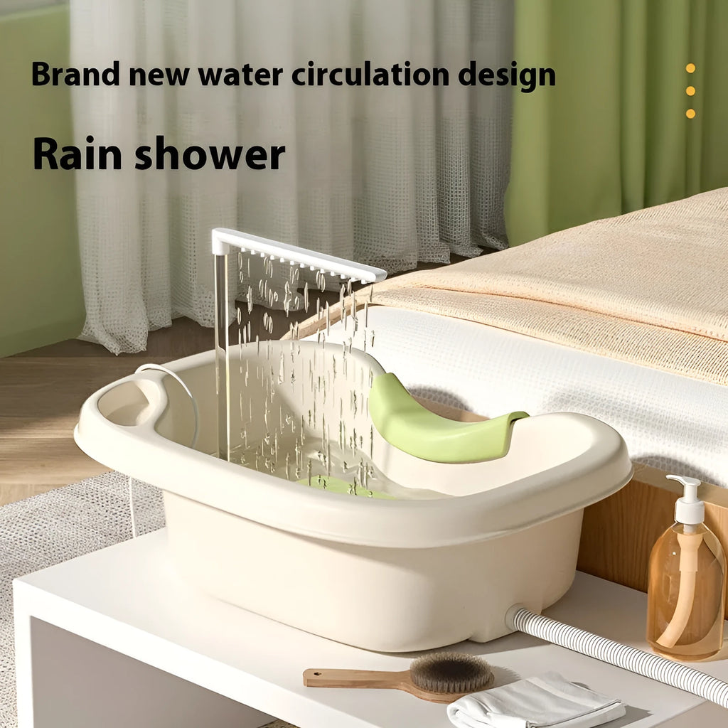 Light pink plastic shampoo basin for bed use with head pad, neck pillow, and water pump on bed