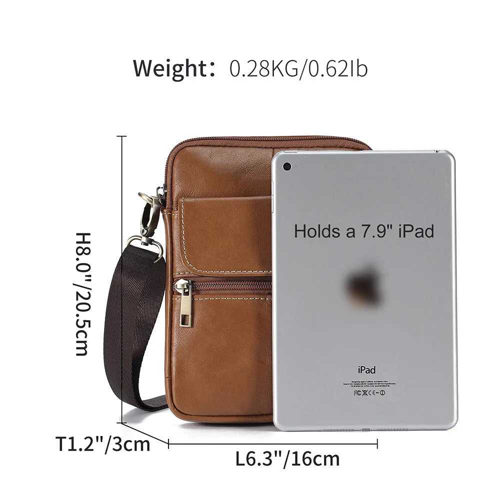 Men's brown leather crossbody shoulder bag with visible sewing detail
