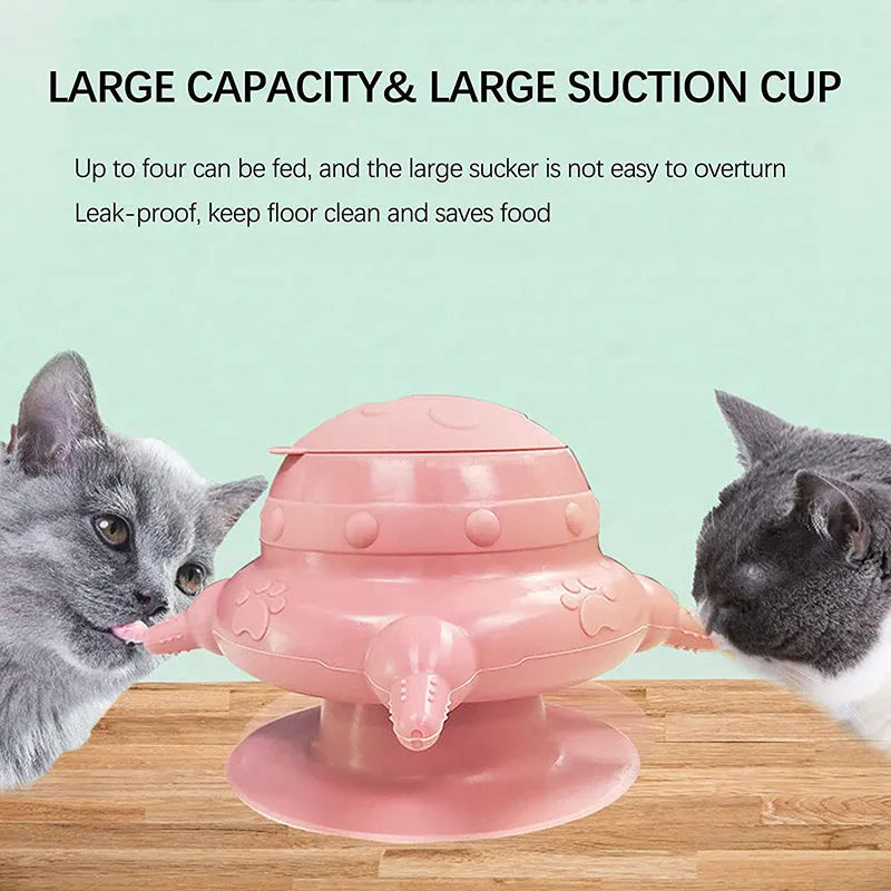 Pink silicone pet nursing milk bowl with four pacifiers and flat base for puppy or kitten feeding