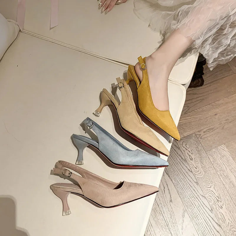 Women's apricot suede pointed toe stiletto high heels on a white background
