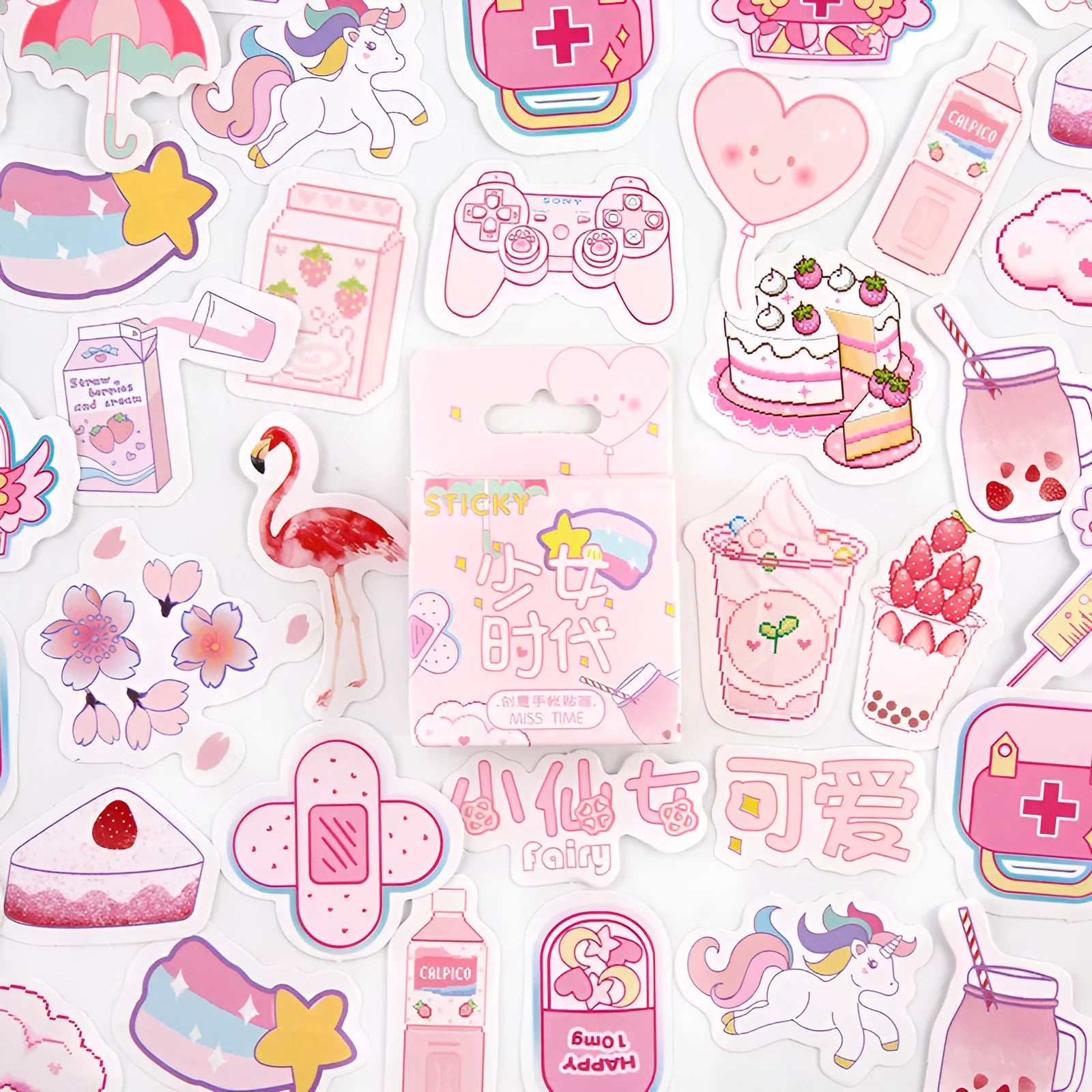 Cartoon decorative sticker set for children's journals with 46 pieces across 9 themed designs