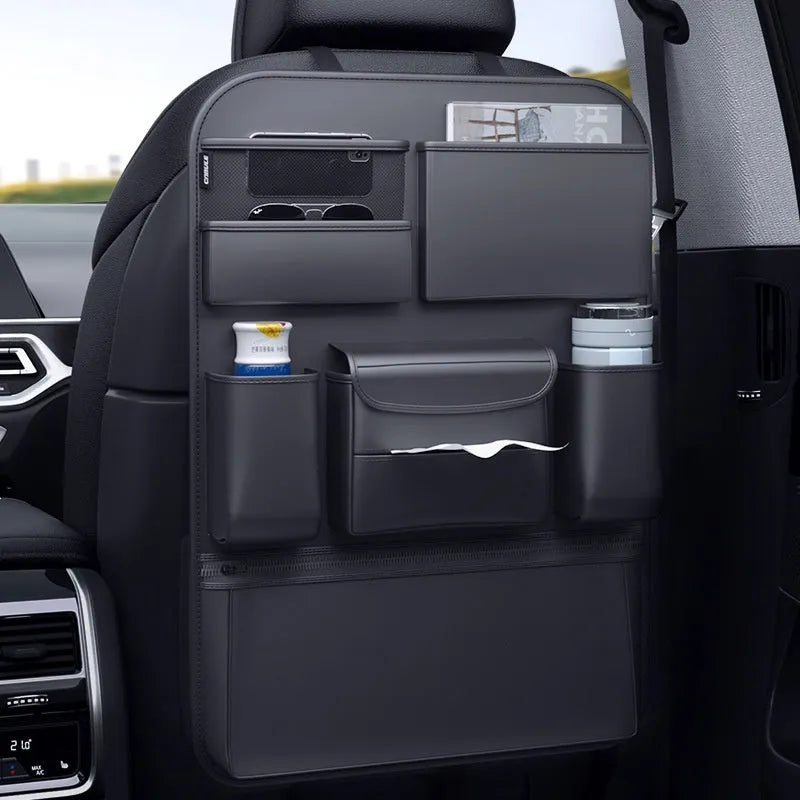 Black leather car seat back hanging storage bag with handle shown in large and small size options