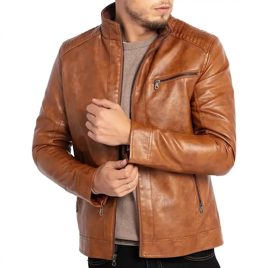 Men's punk motorcycle artificial leather jacket with stand collar in Army Green colour